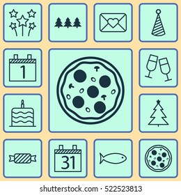 Set Of 12 Celebration Icons. Can Be Used For Web, Mobile, UI And Infographic Design. Includes Elements Such As Pizza, Festive, Close And More.