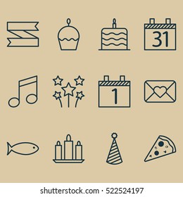 Set Of 12 Celebration Icons. Can Be Used For Web, Mobile, UI And Infographic Design. Includes Elements Such As Aquatic, Fish, Month And More.