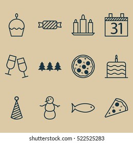 Set Of 12 Celebration Icons. Can Be Used For Web, Mobile, UI And Infographic Design. Includes Elements Such As Piece, Caramel, Cupcake And More.