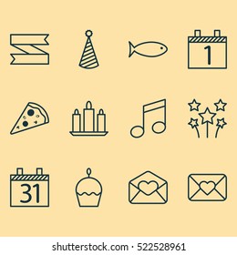 Set Of 12 Celebration Icons. Can Be Used For Web, Mobile, UI And Infographic Design. Includes Elements Such As Food, Month, Flame And More.