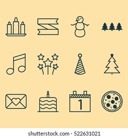 Set Of 12 Celebration Icons. Can Be Used For Web, Mobile, UI And Infographic Design. Includes Elements Such As Musical, Tree, Calendar And More.