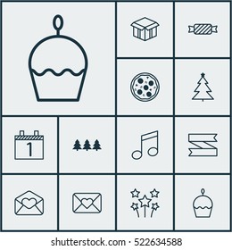 Set Of 12 Celebration Icons. Can Be Used For Web, Mobile, UI And Infographic Design. Includes Elements Such As Cake, Celebration, Cardboard And More.