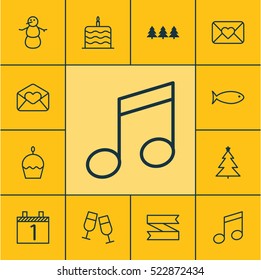 Set Of 12 Celebration Icons. Can Be Used For Web, Mobile, UI And Infographic Design. Includes Elements Such As Snowman, Glasses, Note And More.