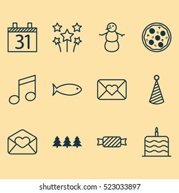 Set Of 12 Celebration Icons. Can Be Used For Web, Mobile, UI And Infographic Design. Includes Elements Such As Fish, Christmas, Winter And More.