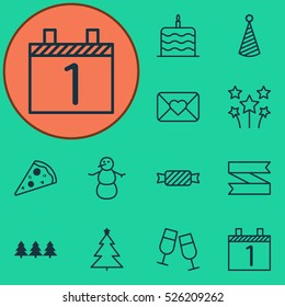 Set Of 12 Celebration Icons. Can Be Used For Web, Mobile, UI And Infographic Design. Includes Elements Such As Snowman, Month, Tree And More.