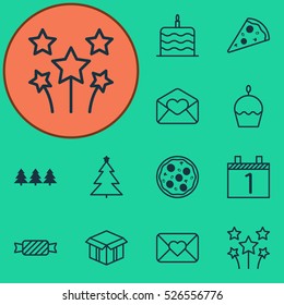 Set Of 12 Celebration Icons. Can Be Used For Web, Mobile, UI And Infographic Design. Includes Elements Such As Piece, Celebration, Close And More.