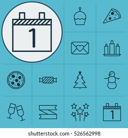 Set Of 12 Celebration Icons. Can Be Used For Web, Mobile, UI And Infographic Design. Includes Elements Such As Calendar, Winter, Celebration And More.