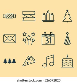 Set Of 12 Celebration Icons. Can Be Used For Web, Mobile, UI And Infographic Design. Includes Elements Such As Sweet, Cake, Party And More.