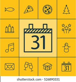 Set Of 12 Celebration Icons. Can Be Used For Web, Mobile, UI And Infographic Design. Includes Elements Such As Christmas, Musical, Cardboard And More.