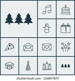 Set Of 12 Celebration Icons. Can Be Used For Web, Mobile, UI And Infographic Design. Includes Elements Such As Musical, Firework, Close And More.