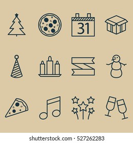 Set Of 12 Celebration Icons. Can Be Used For Web, Mobile, UI And Infographic Design. Includes Elements Such As Piece, Banner, Wax And More.