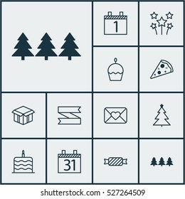 Set Of 12 Celebration Icons. Can Be Used For Web, Mobile, UI And Infographic Design. Includes Elements Such As Month, Pizza, Banner And More.