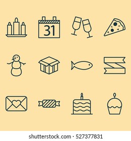 Set Of 12 Celebration Icons. Can Be Used For Web, Mobile, UI And Infographic Design. Includes Elements Such As Candle, Box, Piece And More.