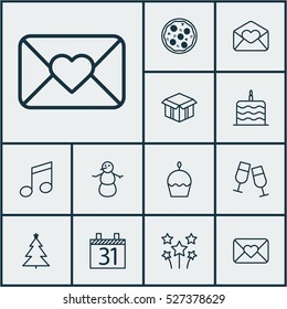 Set Of 12 Celebration Icons. Can Be Used For Web, Mobile, UI And Infographic Design. Includes Elements Such As Note, Muffin, Date And More.