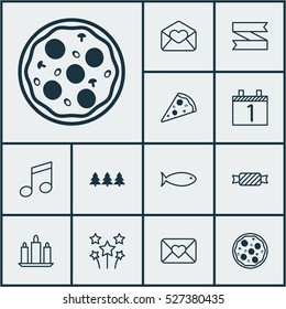 Set Of 12 Celebration Icons. Can Be Used For Web, Mobile, UI And Infographic Design. Includes Elements Such As Slice, Banner, Pizzeria And More.