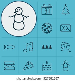 Set Of 12 Celebration Icons. Can Be Used For Web, Mobile, UI And Infographic Design. Includes Elements Such As Pizzeria, Calendar, Food And More.