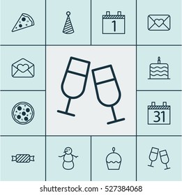 Set Of 12 Celebration Icons. Can Be Used For Web, Mobile, UI And Infographic Design. Includes Elements Such As Meal, Greeting, Muffin And More.