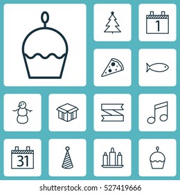 Set Of 12 Celebration Icons. Can Be Used For Web, Mobile, UI And Infographic Design. Includes Elements Such As Tree, Ribbon, Piece And More.
