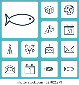 Set Of 12 Celebration Icons. Can Be Used For Web, Mobile, UI And Infographic Design. Includes Elements Such As Sweet, Festive Fireworks, Open Cardboard And More.
