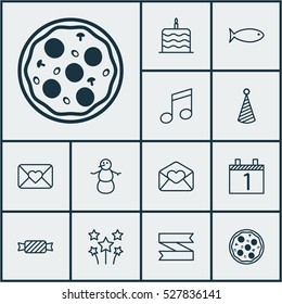 Set Of 12 Celebration Icons. Can Be Used For Web, Mobile, UI And Infographic Design. Includes Elements Such As Festive Fireworks, Crotchets, Sweet And More.