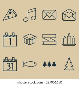 Set Of 12 Celebration Icons. Can Be Used For Web, Mobile, UI And Infographic Design. Includes Elements Such As Celebration Letter, Fishing, Sliced Pizza And More.