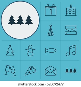 Set Of 12 Celebration Icons. Can Be Used For Web, Mobile, UI And Infographic Design. Includes Elements Such As Crotchets, Blank Ribbon, Champagne Glasses And More.