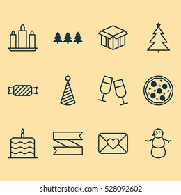 Set Of 12 Celebration Icons. Can Be Used For Web, Mobile, UI And Infographic Design. Includes Elements Such As Open Cardboard, Champagne Glasses, Decorated Tree And More.