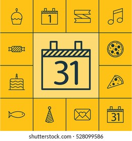 Set Of 12 Celebration Icons. Can Be Used For Web, Mobile, UI And Infographic Design. Includes Elements Such As Celebration Letter, Sweet, Celebration Cake And More.