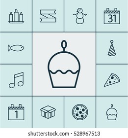 Set Of 12 Celebration Icons. Can Be Used For Web, Mobile, UI And Infographic Design. Includes Elements Such As Blank Ribbon, Sliced Pizza, Open Cardboard And More.