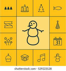Set Of 12 Celebration Icons. Can Be Used For Web, Mobile, UI And Infographic Design. Includes Elements Such As Birthday Hat, Birthday Cake, Decorated Tree And More.