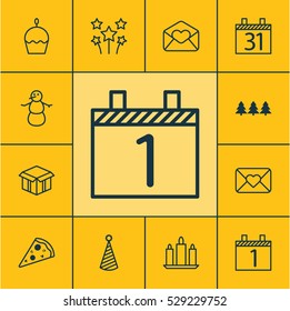 Set Of 12 Celebration Icons. Can Be Used For Web, Mobile, UI And Infographic Design. Includes Elements Such As Agenda, Holiday Ornament, Birthday Cake And More.