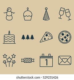 Set Of 12 Celebration Icons. Can Be Used For Web, Mobile, UI And Infographic Design. Includes Elements Such As Sliced Pizza, Birthday Cake, Agenda And More.