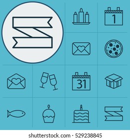 Set Of 12 Celebration Icons. Can Be Used For Web, Mobile, UI And Infographic Design. Includes Elements Such As Celebration Letter, Celebration Cake, Blank Ribbon And More.