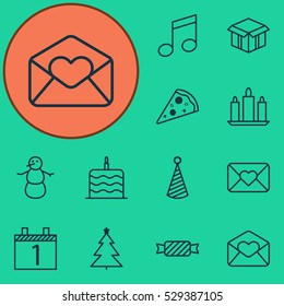 Set Of 12 Celebration Icons. Can Be Used For Web, Mobile, UI And Infographic Design. Includes Elements Such As Winter, Birthday Hat, Decorated Tree And More.