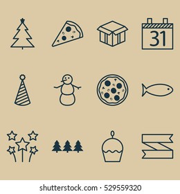Set Of 12 Celebration Icons. Can Be Used For Web, Mobile, UI And Infographic Design. Includes Elements Such As Date, Open Cardboard, Festive Fireworks And More.