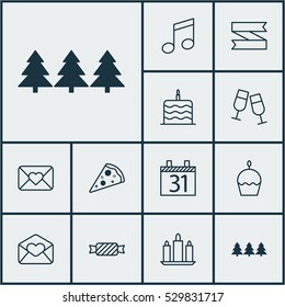 Set Of 12 Celebration Icons. Can Be Used For Web, Mobile, UI And Infographic Design. Includes Elements Such As Greeting Email, Celebration Cake, Sweet And More.