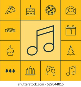 Set Of 12 Celebration Icons. Can Be Used For Web, Mobile, UI And Infographic Design. Includes Elements Such As Holiday Ornament, Crotchets, Agenda And More.