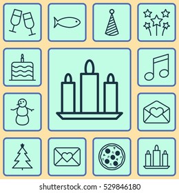 Set Of 12 Celebration Icons. Can Be Used For Web, Mobile, UI And Infographic Design. Includes Elements Such As Champagne Glasses, Fishing, Winter And More.