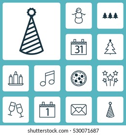 Set Of 12 Celebration Icons. Can Be Used For Web, Mobile, UI And Infographic Design. Includes Elements Such As Pizza Meal, Agenda, Winter And More.