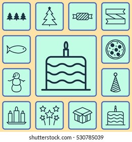 Set Of 12 Celebration Icons. Can Be Used For Web, Mobile, UI And Infographic Design. Includes Elements Such As Open Cardboard, Wax, Birthday Hat And More.