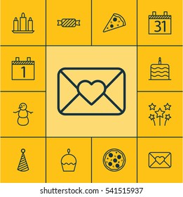 Set Of 12 Celebration Icons. Includes Sliced Pizza, Birthday Cake, Agenda And Other Symbols. Beautiful Design Elements.