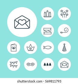 Set Of 12 Celebration Icons. Includes Birthday Hat, Corona, Wax And Other Symbols. Beautiful Design Elements.