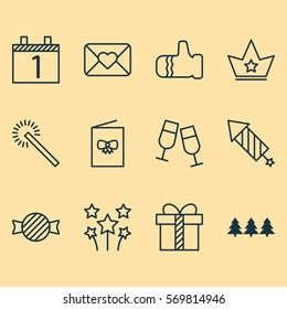 Set Of 12 Celebration Icons. Includes Mitten, Gift, Celebration Letter And Other Symbols. Beautiful Design Elements.