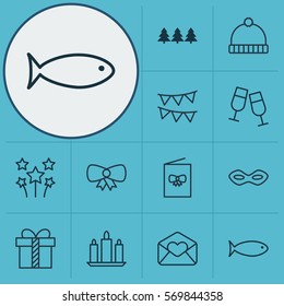 Set Of 12 Celebration Icons. Includes Gift, Wax, Decorative Flags And Other Symbols. Beautiful Design Elements.