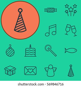 Set Of 12 Celebration Icons. Includes Sweet, Celebration Cake, Fishing And Other Symbols. Beautiful Design Elements.