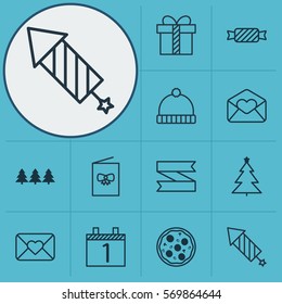 Set Of 12 Celebration Icons. Includes Agenda, Gift, Blank Ribbon And Other Symbols. Beautiful Design Elements.