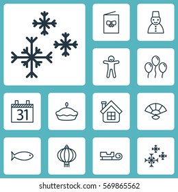 Set Of 12 Celebration Icons. Includes Sled, Traditional Lamp, Flan And Other Symbols. Beautiful Design Elements.