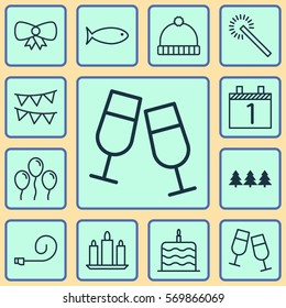 Set Of 12 Celebration Icons. Includes Champagne Glasses, Knitted Cap, Sparkles And Other Symbols. Beautiful Design Elements.