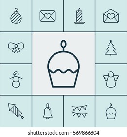 Set Of 12 Celebration Icons. Includes Decorated Tree, Decorative Flags, Handbell Symbols. Beautiful Design Elements.