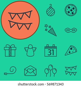 Set Of 12 Celebration Icons. Includes Greeting Email, Archangel, Date And Other Symbols. Beautiful Design Elements.